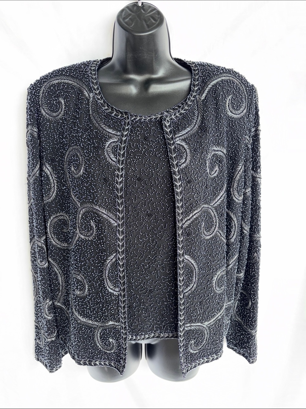Adrianna Papell Vintage beaded silk jacket & tank, sz L, top- 21” PTP, 21” L